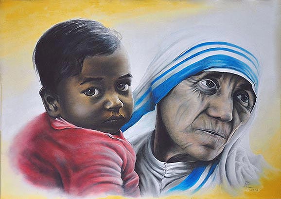 Mutter Theresa mit Kind auf dem Arm