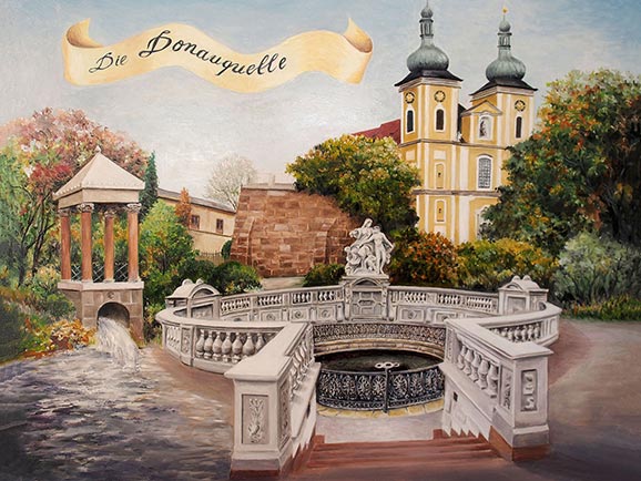 Donaueschingen: Bildmontage mit Donauquelle und Kirche
