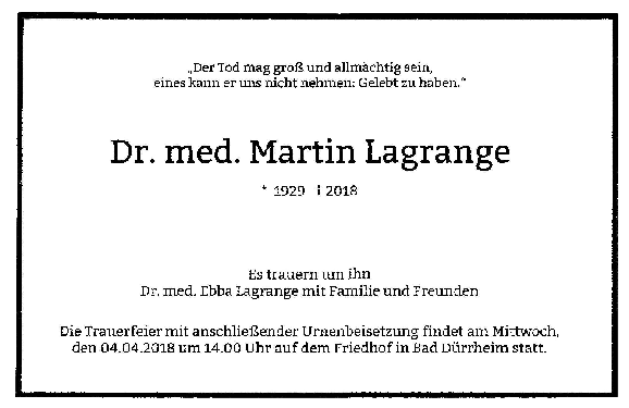 Todesanzeige von Dr. Martin Lagrange